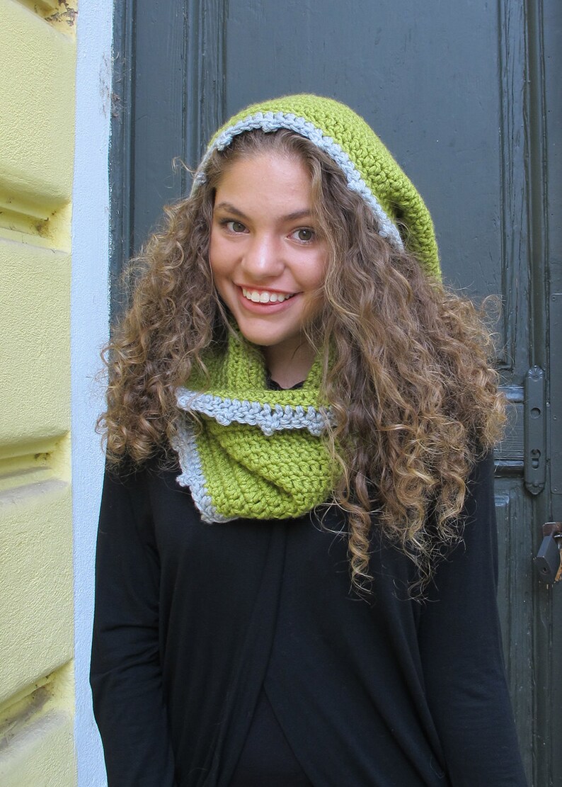 Lime Green Hooded Scarf/ Pom Pom winter rounded scarf/ Crochet Hood Infinity Wool Scarf/ Cowl Winter Accessories/ Hooded Cowl Handmade scarf image 4