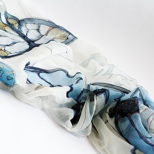 Serene Butterflies hand painted silk scarf. Silk chiffon scarf. White butterflies scarf Botanical scarf Wedding accessory blue, Bridal shawl image 1