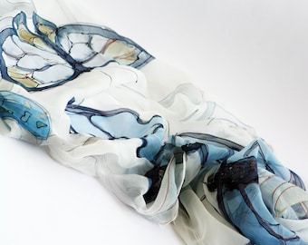 Serene Butterflies hand painted silk scarf. Silk chiffon scarf. White butterflies scarf Botanical scarf Wedding accessory blue, Bridal shawl