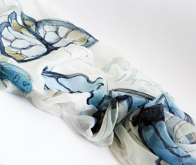Serene Butterflies hand painted silk scarf. Silk chiffon scarf. White butterflies scarf Botanical scarf Wedding accessory blue, Bridal shawl image 1