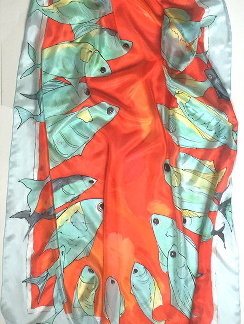 Hand Painted Silk Scarf the Fish Passage. Bright Summer Scarf. Etsy