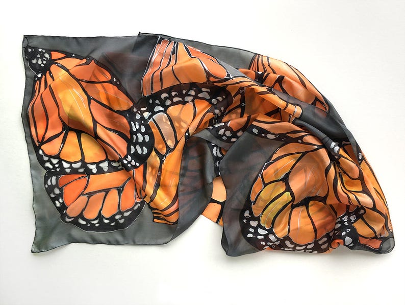 Hand painted silk scarf Coral Butterflies Wings Dark gray shawl painted Woman fashion scarf Butterfly scarves Wedding accessory Wings scarf image 9