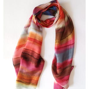 Abstract Stripes Hand-Painted Silk Scarf, A Minimalist Masterpiece in Warm Hues, Gift for Mum