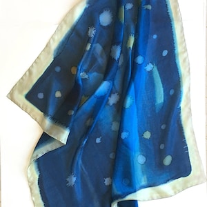 Square Silk scarf- Navy Rain, Hand Painted scarf in Cobalt Blue