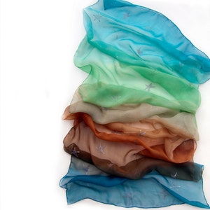 Hand painted silk scarf- Autumn Sunset/ Ombre silk chiffon scarf/ Painted scarf/ Silver stars scarf/ Women&#39;s fashion scarf blue green ooak