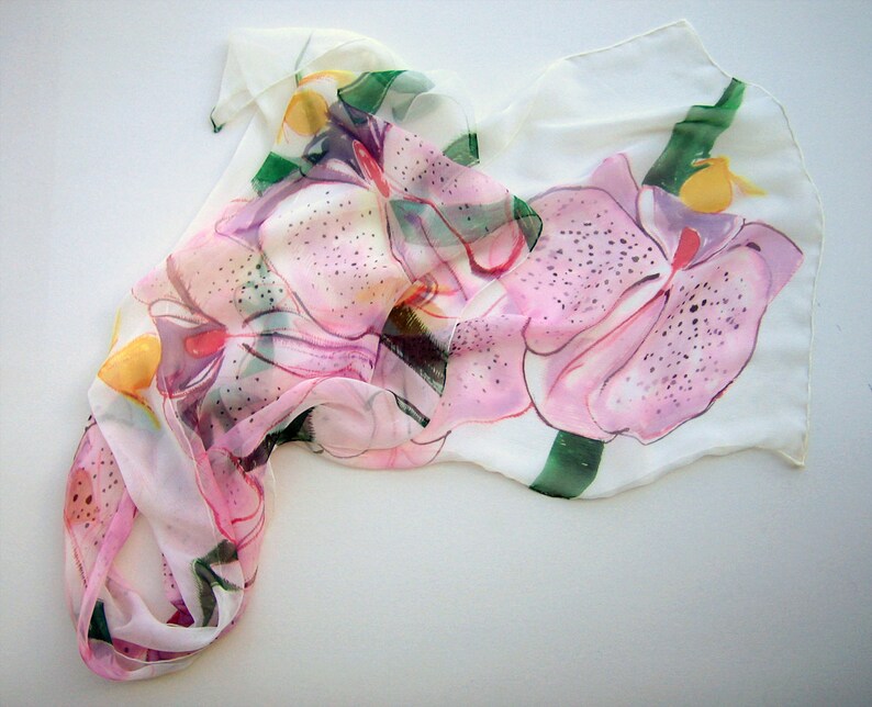 Hand painted silk scarf Candy Orchids/ Silk chiffon scarf. Floral scarf painted. Bridal accessory pink. Silk painting Klara/ Summer fashion image 1