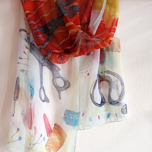 Silk chiffon scarf- Dressmakers tools. Hand painted scarf. Light, white and red scarf with sewing accessories. Christmas gift for mom