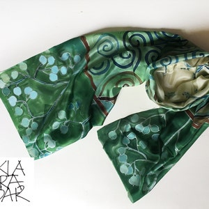 Hand painted silk scarf Teal Spirals. Long multicolored scarf in aqua and turquoise/ Pine green decorative scarf, Klimt scarf, Gift for her image 4