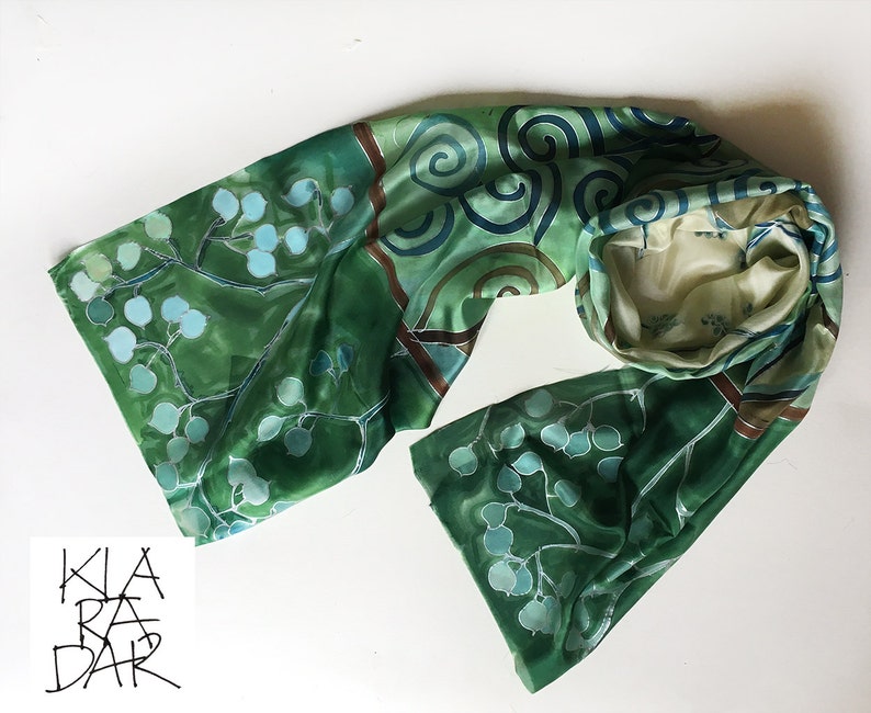 Hand painted silk scarf Teal Spirals. Long multicolored scarf in aqua and turquoise/ Pine green decorative scarf, Klimt scarf, Gift for her image 4