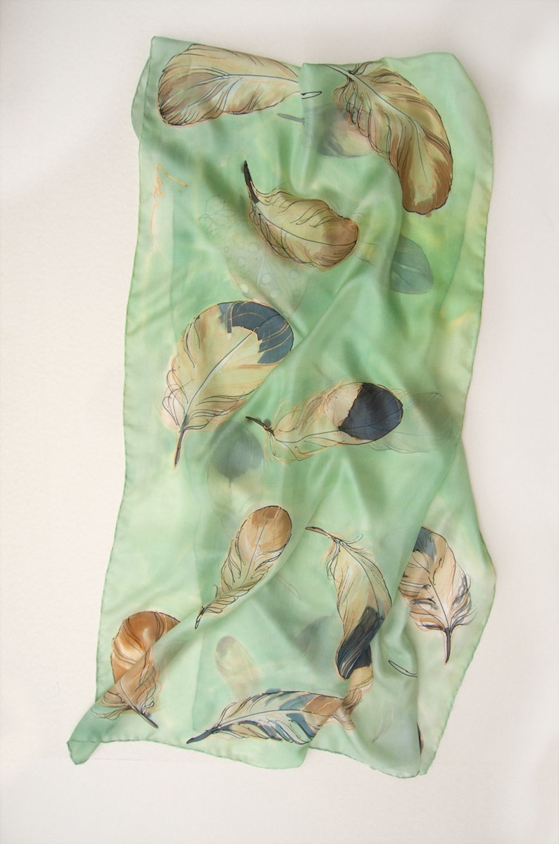 Hand painted silk scarf Apple Green Feathers Unique handmade gift for woman Birthday gift for her KD21 Christmas gift woman Birds image 5