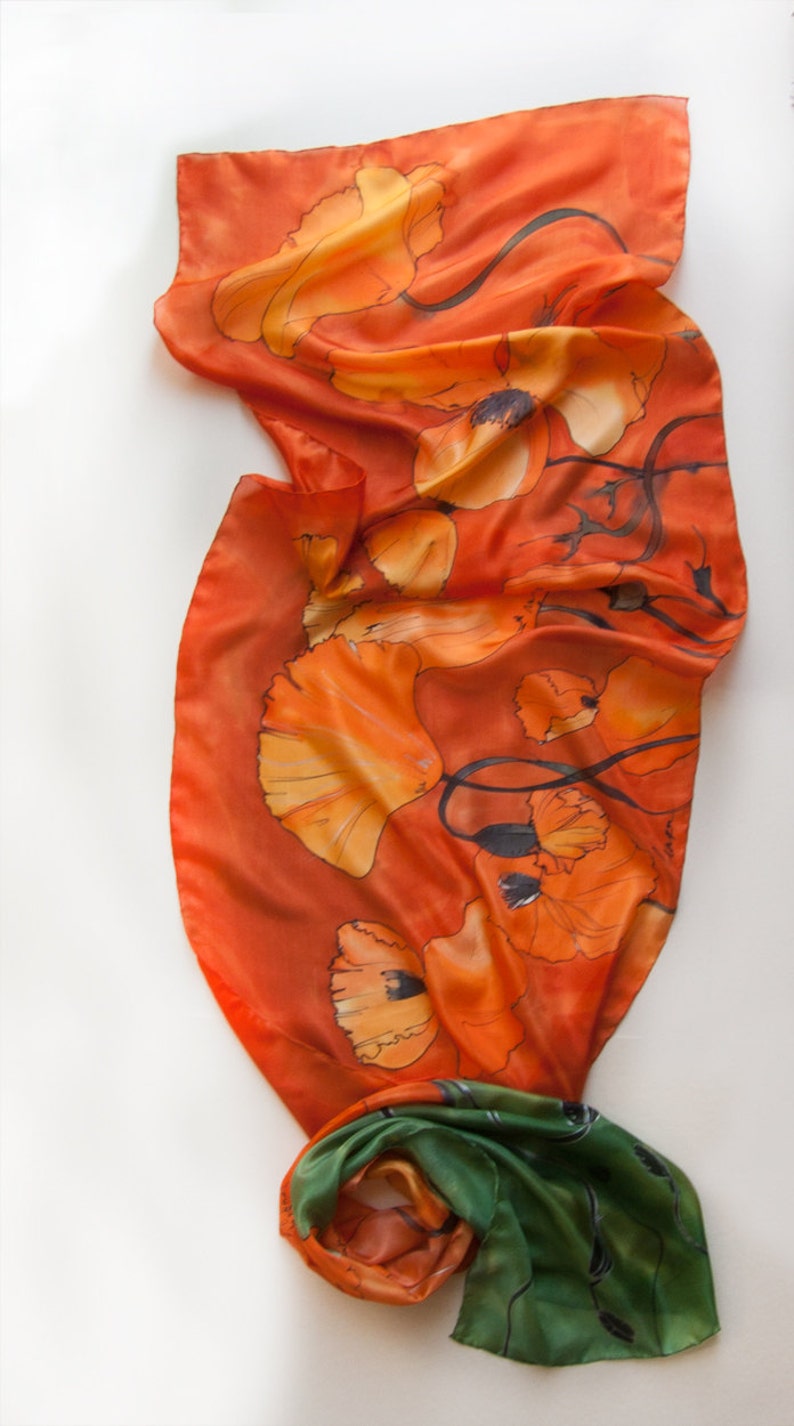Hand painted silk scarf/ Orange Poppies scarf Bright | Etsy