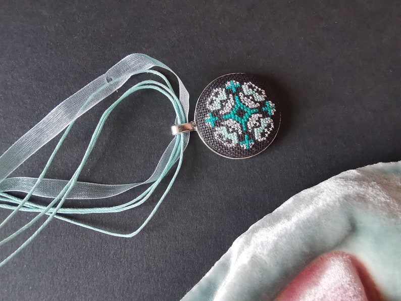 Micro Embroidered necklace teal, Gift for teen daughter, Hand embroidery, Cross stitch pendant necklace, handmade jewelry Minimalist style image 4