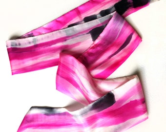 Bright Neon Pink HAIR TIE | Long Neck Scarf Hand Painted | Narrow Silk Scarf | Abstract Silk Painting | Scarf for Hair | Headband Unique |