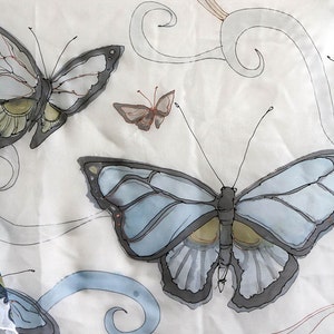 Serene Butterflies hand painted silk scarf. Silk chiffon scarf. White butterflies scarf Botanical scarf Wedding accessory blue, Bridal shawl image 3