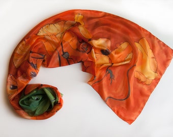 Hand painted silk scarf/ Orange Poppies scarf, Bright tangerine, Floral accessories, Luxury shawl/ Mother's Day gift/ Birthday gift woman