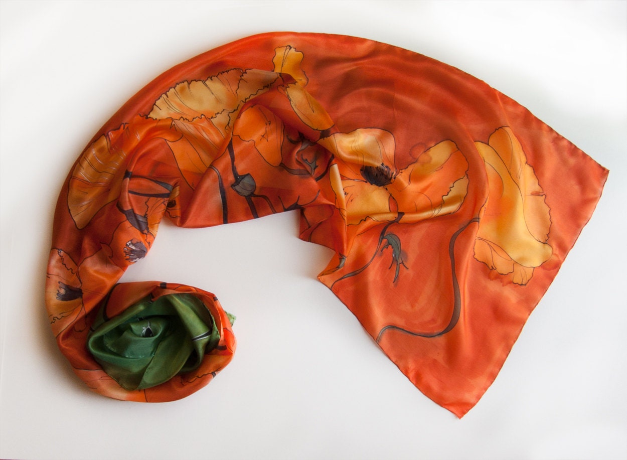 Hand painted silk scarf/ Orange Poppies scarf Bright Etsy