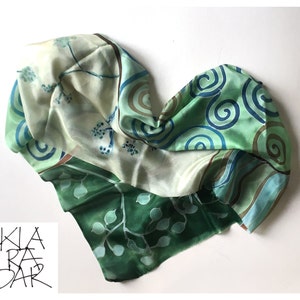 Hand painted silk scarf Teal Spirals. Long multicolored scarf in aqua and turquoise/ Pine green decorative scarf, Klimt scarf, Gift for her image 1