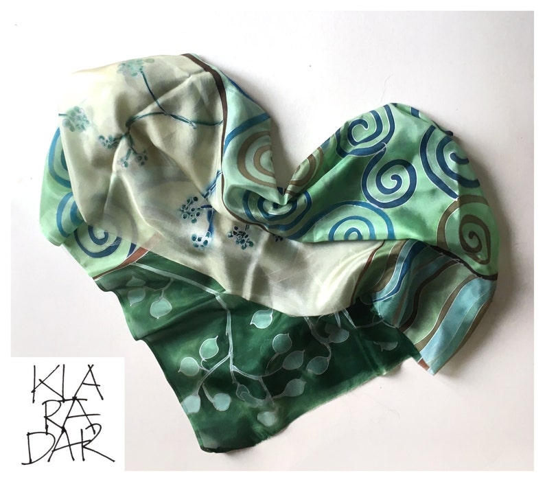 Hand painted silk scarf Teal Spirals. Long multicolored scarf in aqua and turquoise/ Pine green decorative scarf, Klimt scarf, Gift for her image 1