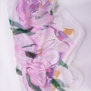 Hand painted silk scarf Candy Orchids/ Silk chiffon scarf. Floral scarf painted. Bridal accessory pink. Silk painting Klara/ Summer fashion image 2