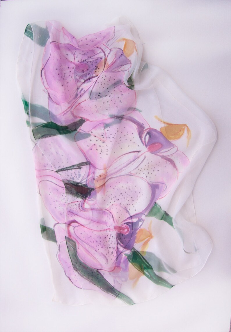 Hand painted silk scarf Candy Orchids/ Silk chiffon scarf. Floral scarf painted. Bridal accessory pink. Silk painting Klara/ Summer fashion image 2