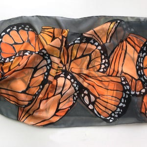 Hand painted silk scarf Coral Butterflies Wings Dark gray shawl painted Woman fashion scarf Butterfly scarves Wedding accessory Wings scarf image 5