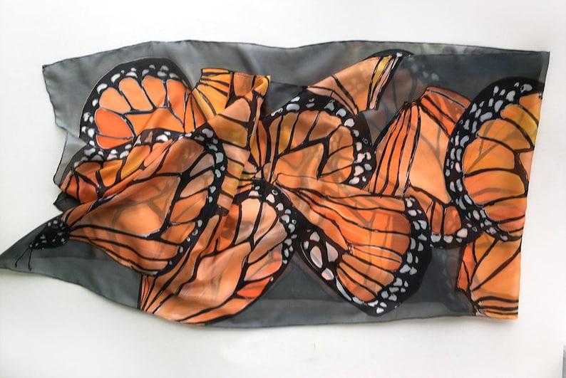 Hand painted silk scarf Coral Butterflies Wings Dark gray shawl painted Woman fashion scarf Butterfly scarves Wedding accessory Wings scarf image 5