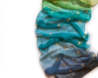 Sunrise Milky Way silk scarf. Hand Painted Scarf. Silk Chiffon Scarf. Ombre Scarf. Blue green scarf. Golden stars scarf shawl Silk Painting