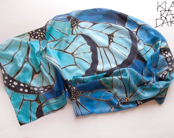 Hand-Painted Monarch Butterfly Silk Scarf | Blue Art to Wear