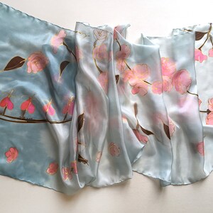 Cherry Blossom Silk Scarf Hand Painted | Bridesmaids Gift | Pale Blue ...