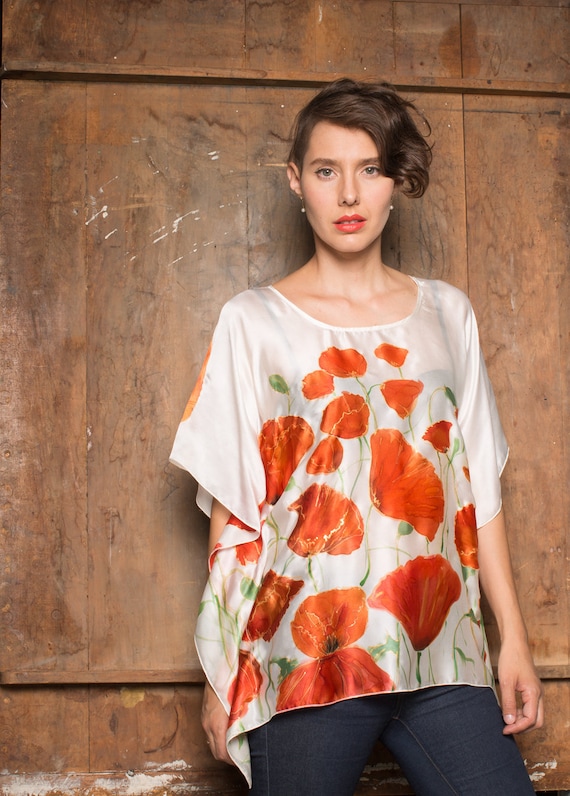 Hand-Painted Silk Satin Blouse: Red Poppies Floral Top