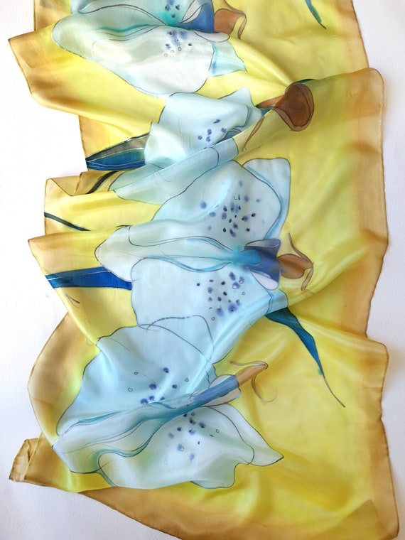 Hand Painted Silk Scarf: Blue Orchids Floral Shawl UK