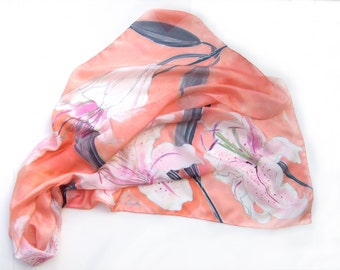 Silk scarf- Peach Lilium. Hand Painted scarves/ Light coral scarf. Long fashion scarf. Candy silk scarf shawl. Floral scarf handpainted