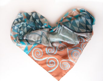 Hand painted silk scarf in geometric style | Long neck scarf for women | Christmas gift her | Silk scarf for hair |