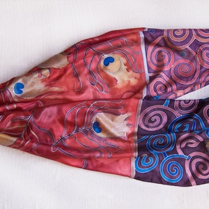Peacock feathers scarf/ Hand painted silk scarf/ Blue red scarf painted/ Bridesmaids gift/ Mother&#39;s Day gift/ Silk painting/ Birthday gift