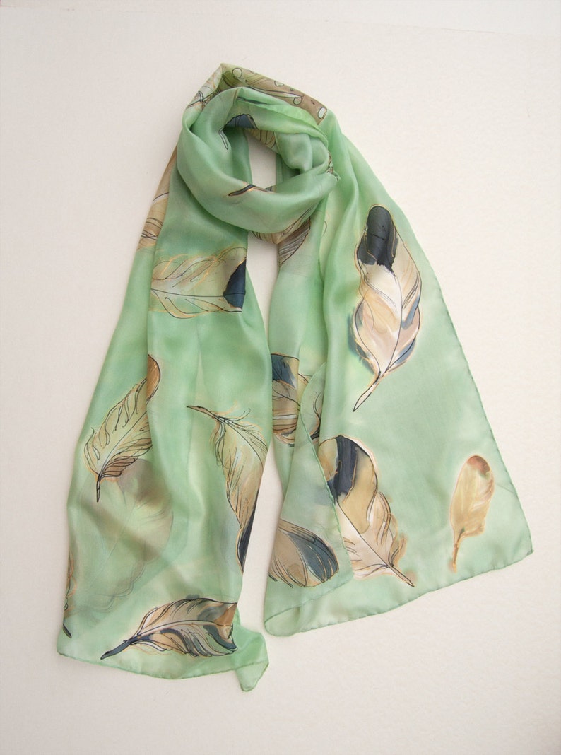 Hand painted silk scarf Apple Green Feathers Unique handmade gift for woman Birthday gift for her KD21 Christmas gift woman Birds image 1