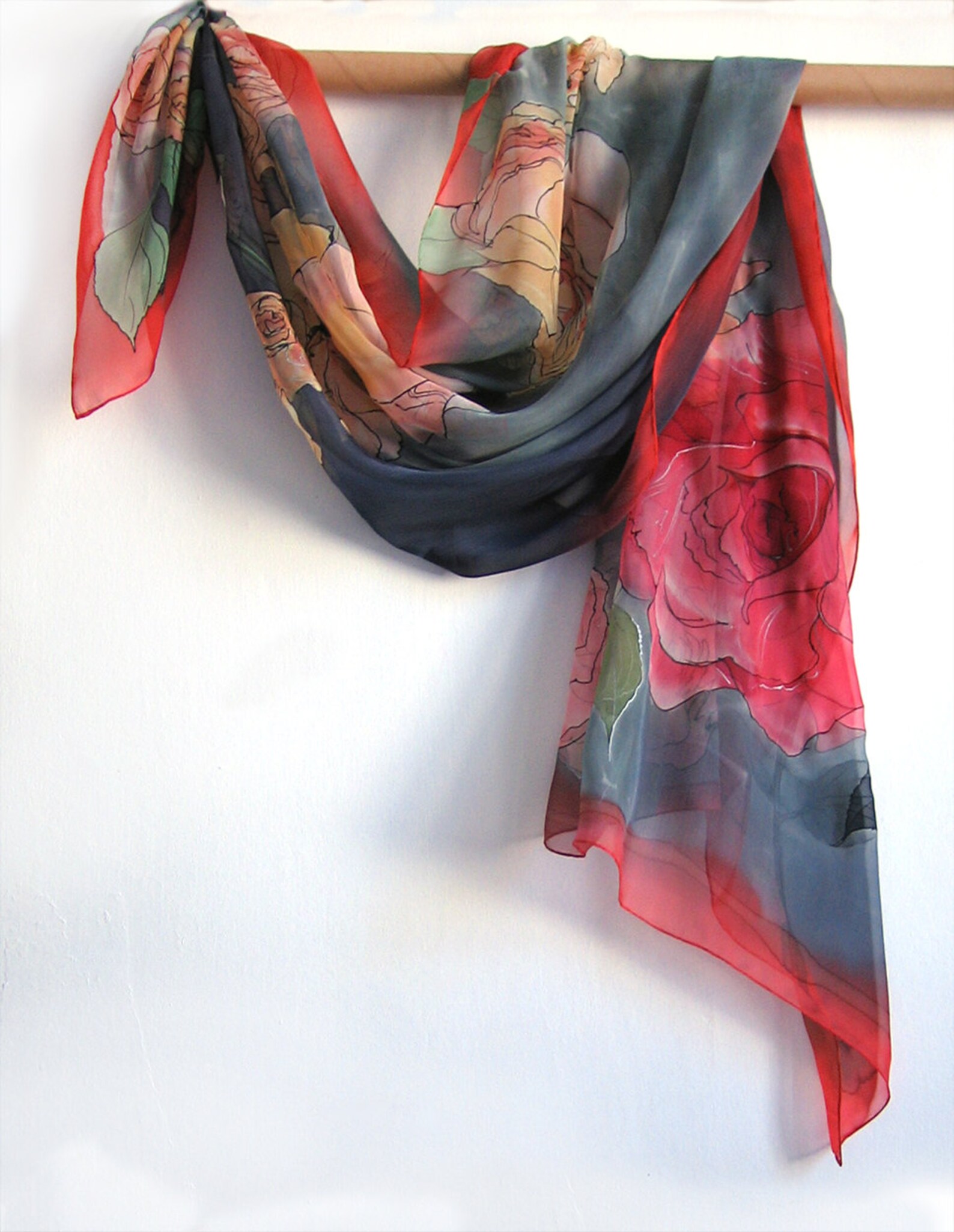 Red Silk Chiffon Scarf Roses Garden Luxury Silk Scarf Etsy