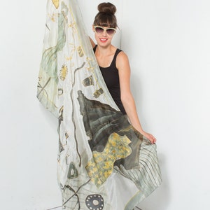 Designer silk scarf - Dressmakers atelier, Hand painted silk muffler, Evening shawl, Long elegant scarf in gray taupe palette, Unique gift