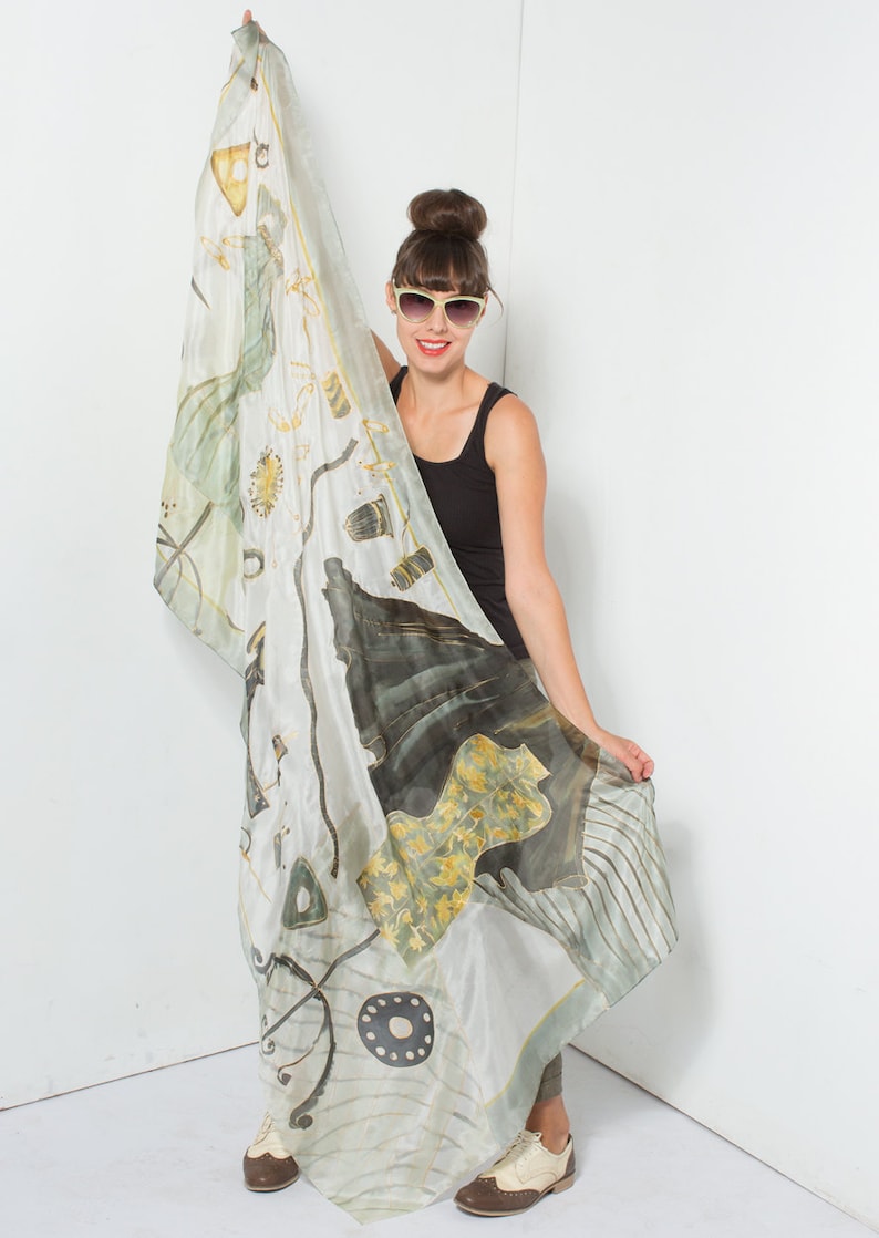 Designer silk scarf - Dressmakers atelier, Hand painted silk muffler, Evening shawl, Long elegant scarf in gray taupe palette, Unique gift