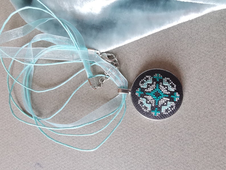 Micro Embroidered necklace teal, Gift for teen daughter, Hand embroidery, Cross stitch pendant necklace, handmade jewelry Minimalist style image 3