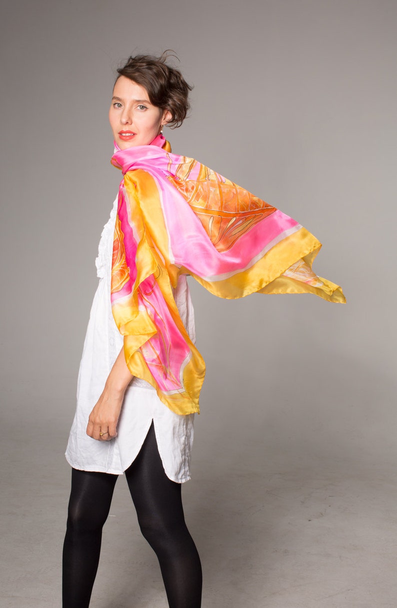 100% Hand painted silk shawl | Neon Jellyfish Pink Yellow scarf | Bright summer shawl | Silk Pareo | Luxury Shawl | Mothers Day gift Unique