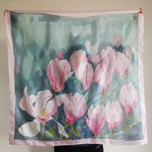 Silk Scarf Square | Women&#39;s Silk Scarf | Magnolia silk shawl |fashion accessory | Wedding Gift | HAND PAINTED Scarves | Mothers Day gift