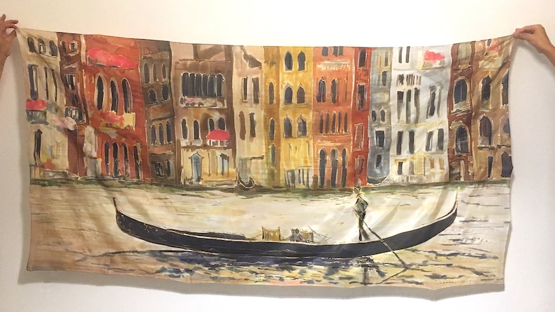 HAND PAINTED Silk Scarf "Venice Morrow" | Artistic Bridal shawl 35 by 70 | Luxury scarves/ Venice scarf | Mother Bride Shawl | venetian motif artwork
