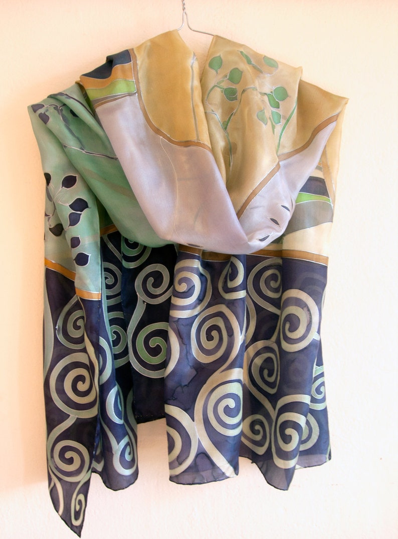 100% Pure Silk Shawl Hand painted | Decorative Scarf Klimt Inspired | Purple green Outfit | Silk Habotai | Christmas Gift Mum | Botanical painting, 35x70 inch