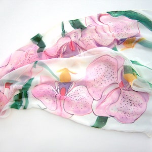 Hand painted silk scarf Candy Orchids/ Silk chiffon scarf. Floral scarf painted. Bridal accessory pink. Silk painting Klara/ Summer fashion image 4