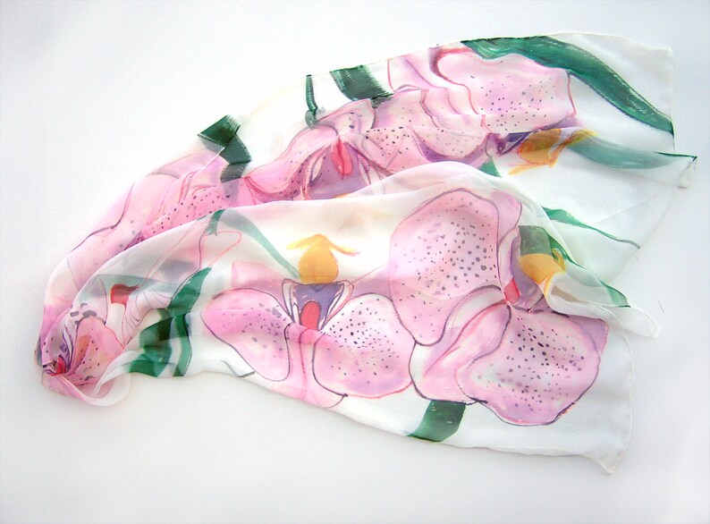 Hand painted silk scarf Candy Orchids/ Silk chiffon scarf. Floral scarf painted. Bridal accessory pink. Silk painting Klara/ Summer fashion image 4