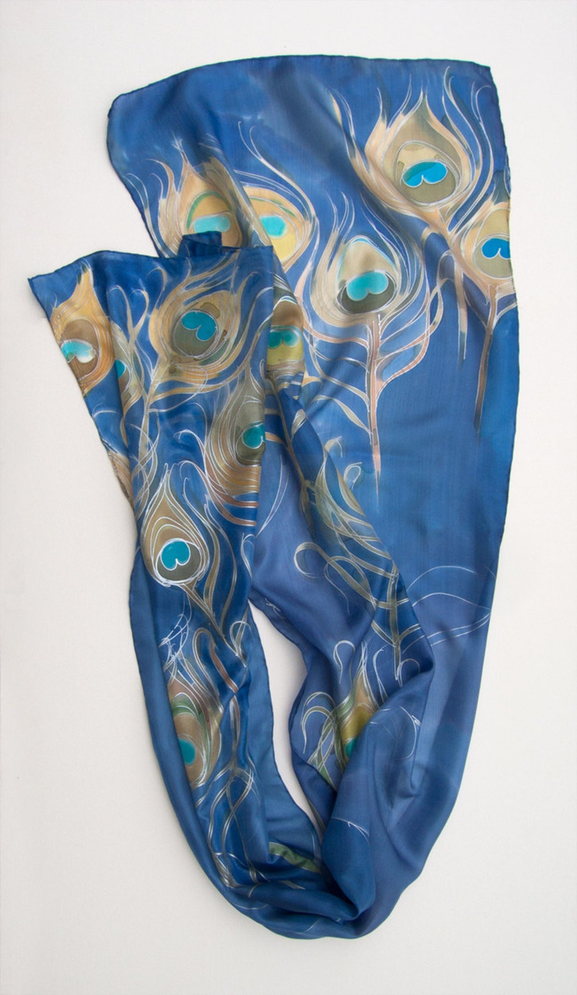 Peacock Feathers Silk Scarf Hand Painted Scarves Olympian Blue Etsy