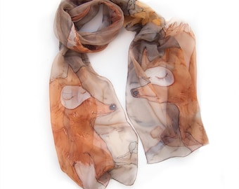 Hand painted scarf - Caramel Foxes fall in love. Long neck scarf| Animals lovers gift. Fox | Foxy accessory|  Birthday gifts for her |