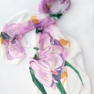 Hand painted silk scarf Candy Orchids/ Silk chiffon scarf. Floral scarf painted. Bridal accessory pink. Silk painting Klara/ Summer fashion image 3