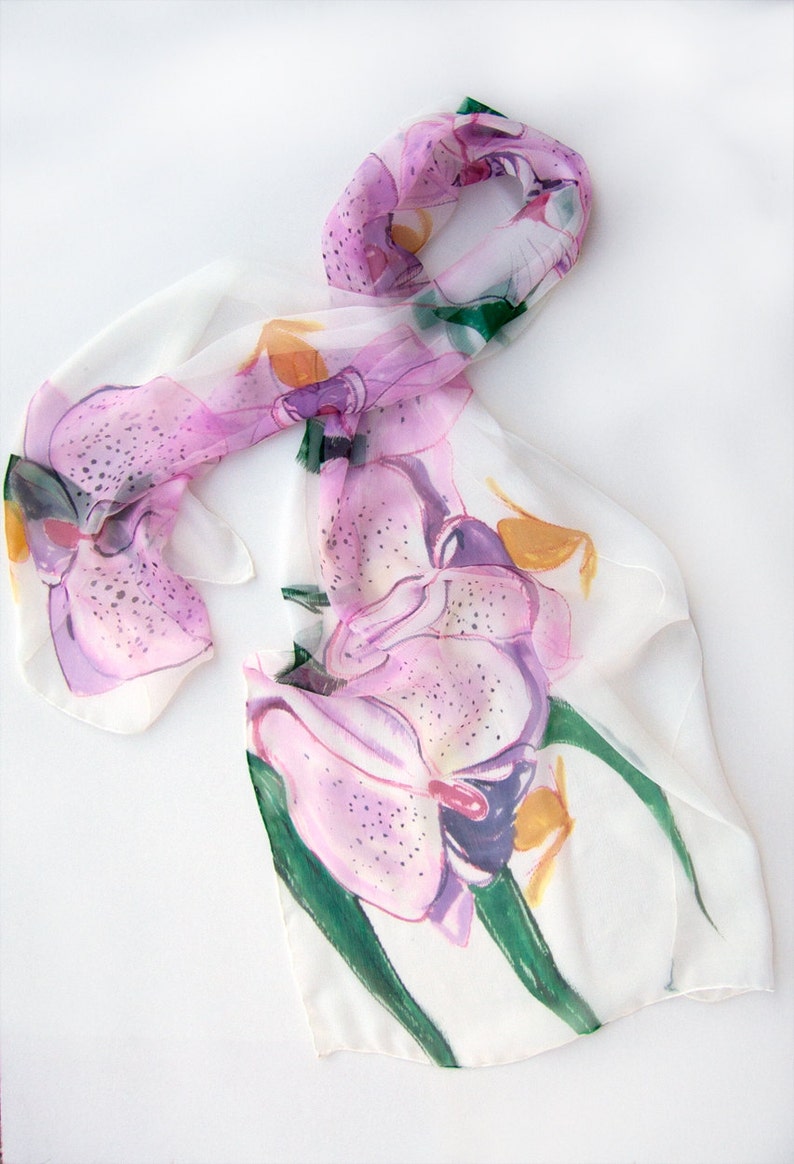 Hand painted silk scarf Candy Orchids/ Silk chiffon scarf. Floral scarf painted. Bridal accessory pink. Silk painting Klara/ Summer fashion image 3