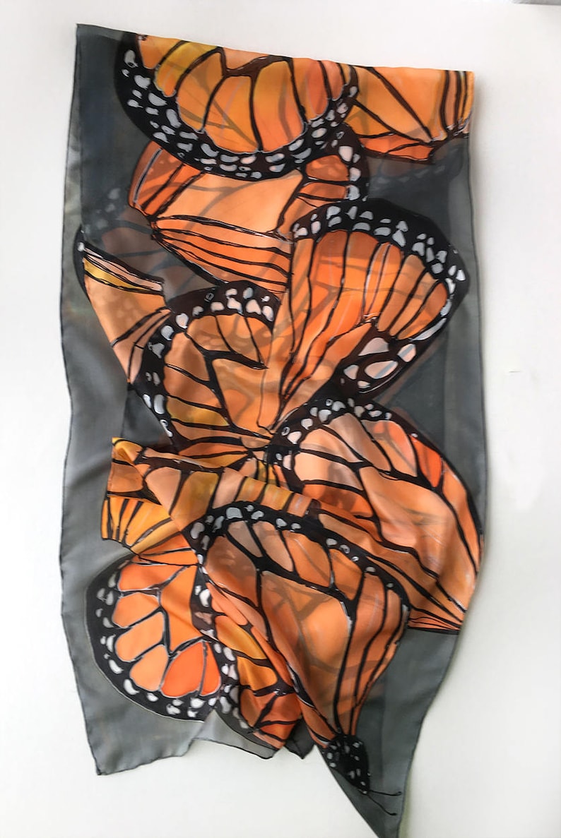 Hand painted silk scarf Coral Butterflies Wings Dark gray shawl painted Woman fashion scarf Butterfly scarves Wedding accessory Wings scarf image 4